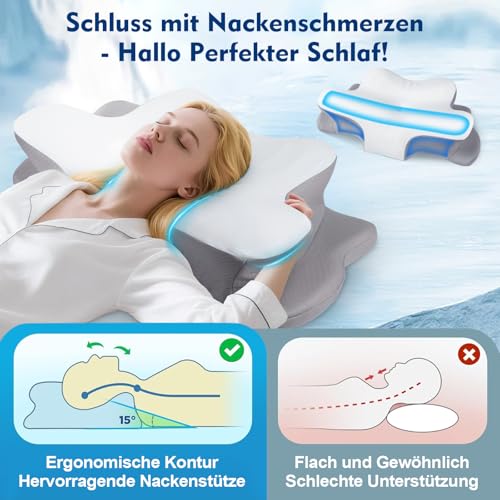 Hypuno Nackenstützkissen Orthopädisch, Ergonomisches Kopfkissen gegen Nackenschmerzen, Höhenverstellbares Memory Foam Schmetterlingskissen mit kühlendem Bezug für Seiten-, Rücken- und Bauchschläfer