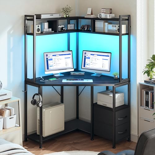 Image of DurayLoly 63 inch Triangular Corner Desk with Hutch,Ample Storage for Small Room,Spacious 36 inch W Desktop,2 Fabric Drawers and Bottom Wooden Shelves,Versatile Computer Desk that Meets All Your Needs,Black