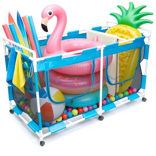 MUSCCCM Pool Float Storage Organizer 288 Gallon Pool Storage Bin - Easy Assembly Mesh Rolling Cart with Ample Space for Noodles,Water Sports Gear & Towels Outdoor Poolside & Lawn (62'x32'x35')