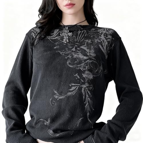 Image of Womens Y2K Gothic Graphic Ribbed Sweatshirts Vintage Punk Long Sleeve Tops Grunge Streetwear Going Out Clothes