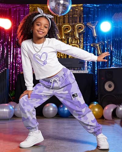 Image of Betusline Girls Fall Winter Clothing Sets, Long Sleeve Crop Top & Cargo Jogger Pants 2 Piece Outfit Sets,4T-14Y