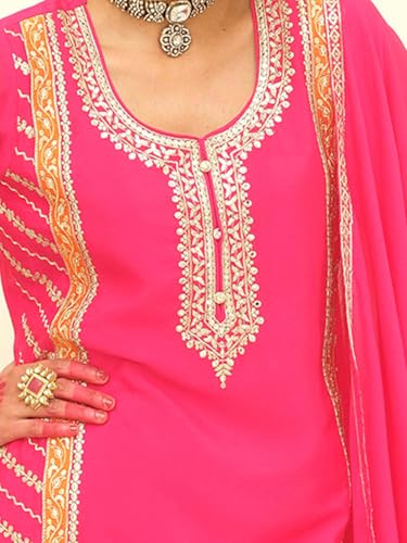Image of INDO ERA Women's Chinon Paisley Embroidered Straight Kurta & Palazzo with Dupatta Set (IEOUT12447)