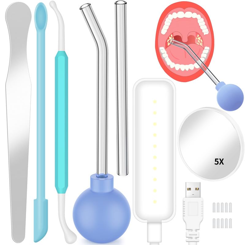 Eliminador de cálculos amigdalinos con succión fácil. Kit de eliminación de cálculos amigdalinos con vacío. Reduce el mal aliento con depresor lingual, espejo de aumento 5X y lámpara bucal. 9 piezas.