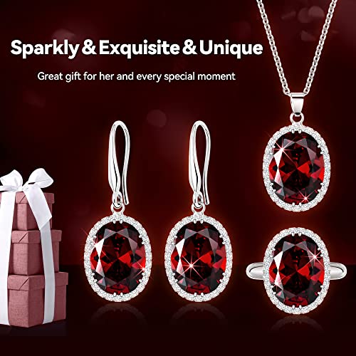 Linawe Ruby Red Silver Jewelry Set Earrings Necklace Set Adjustable Open Ring Rhinestone Cubic Zirconia Oval Diamond Crystal Bridesmaid Bridal Burgundy Jewelry Costume Women Gift Mom Wife Her Mother #TOP4