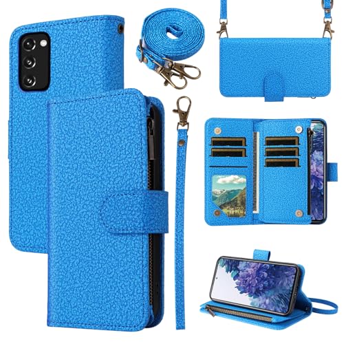Étui de téléphone S20 FE multifonction bleu avec dragonne et compartiments