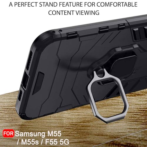 Image of TheGiftKart Tough Armor Bumper Back Case Cover for Samsung Galaxy M55 / M55s / F55 5G | Ring Holder & Kickstand in-Built | 360 Degree Protection Cover for Samsung M55 / M55s (PC & TPU, Black)