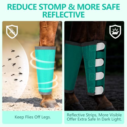 Image of Fly Boots for Horses Set of 4 with Reflective Vercros, Loose Fitting Mesh Horse Fly Boots Leggings, Adjustable Equine Leg Wraps & Socks, Stay Up Not Sag, No Rub