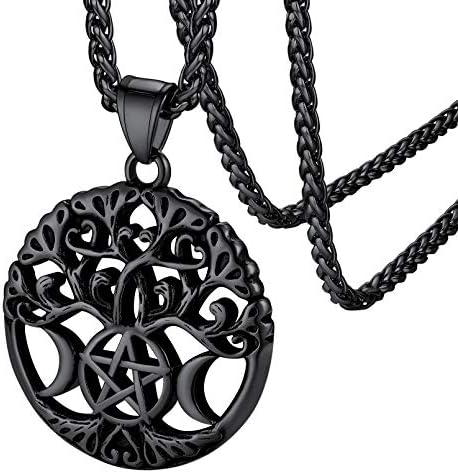 FaithHeart Celtic Moon Necklace Irish Jewellery Vintage Triple Moon/Tree of Life Pendant Stainless Steel/Gold/Black Plated, Pagan Gifts for Women Men