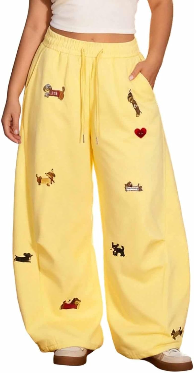 Wide Leg Baggy Sweatpants for Women Men Dachshund Embroidery Drawstring Sweat Pants Trendy Athletic Pants Clothes