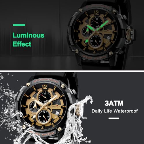 Image of MEGALITH Heavy Duty Watches for Men: Sport Military Analog Wrist Watch | 1 /10 Sec Chronograph, Large Face, Silicone, Waterproof Luminous, Black Everyday Watch, Work Outdoor,Gifts for Husband Father