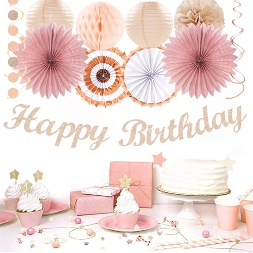 Image of Blush-Pink Rose-Gold Fall Birthday Party-Decorations - 21pcs Boho Happy Banner Sign,Women Paper Lanterns Honeycomb,One Sweet Peach Streamers Garland,Girl Tissue Pom Poms Flowers Fans Decor Burgleda