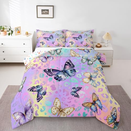 Image of Feelyou Colorful Butterfly Comforter Set Queen Rainbow Watercolor Printed Quilt Bedding for Girls Kids Bedroom Tie Dye Leopard Cheetah Teen Bed 1 and 2 Pillowcases