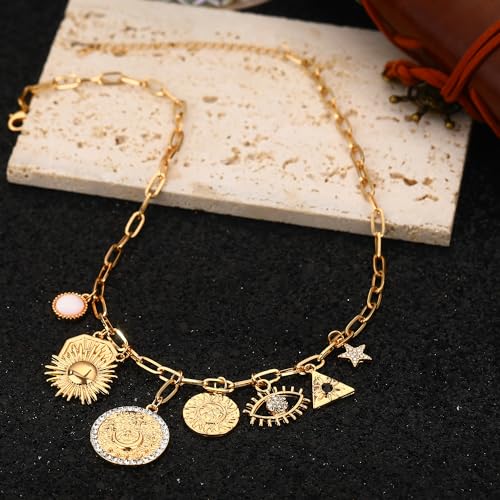 Charm Necklace for Women Gold Evil Eye Sun Moon Flower Coin Pendant Necklace Dainty Paperclip Chain Vintage Luck Amulet Choker Necklaces Celestial Jewelry Gift3
