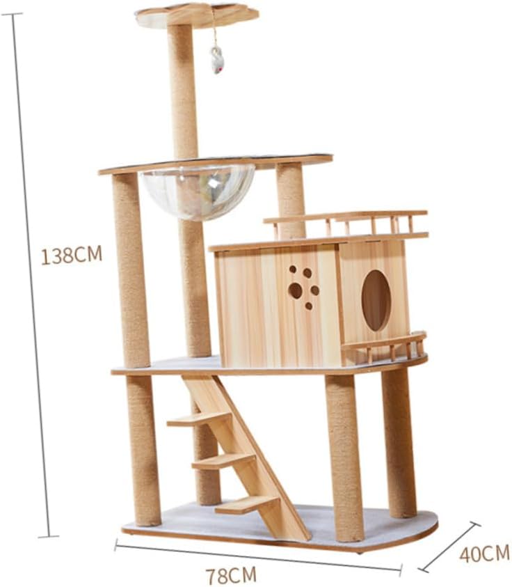POPETPOP Large Wooden Cat Tree with Felt Cover Multipurpose Cat Climber and Scratching Post and Adult Felines