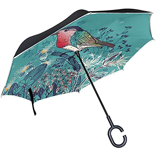 Preisvergleich Produktbild Merle House Winter-Retro- lustiger Vogel-Rückseiten-umgekehrter Regenschirm, Blumen-Schnee-winddichter Golf C-Griff für Regen-Sonnen-Auto-Regenschirme