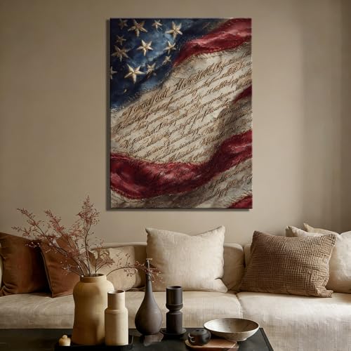 Image of RIBNTAK Vintage Americana Canvas Wall Art, Rustic American Flag and Constitution Pictures Patriotic Artwork for Farmhouse Decor, Independence Day Decorations for Living Room Bedroom Entryway