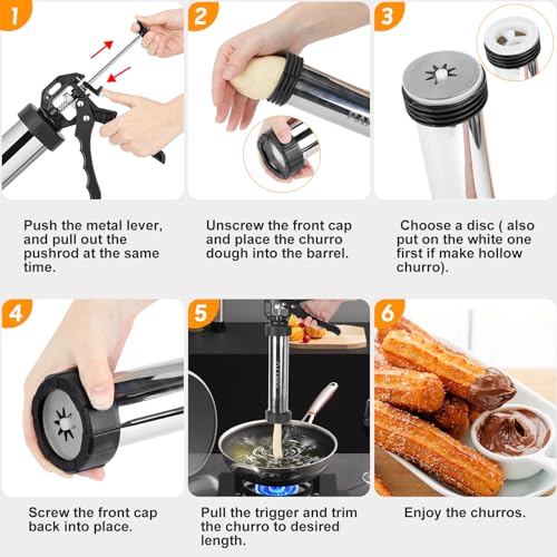 PAHTTO Churro Maker Machine, Stainless Steel Churros Gun Kit, 3-in-1 Multifunctional Cookie Press Hollow Churro with Piping Bag, 6 Piping Nozzles, 9 Cookie Discs & 2 Brushes, Easy to Clean