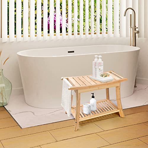 Bamboo Shower Bench With Storage Shelf, 2-Tier Waterproof Shower Chair, 24'' Shower Benches For Inside Shower, Shower Stool Spa Seat #TOP4