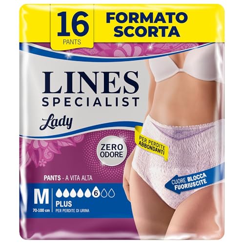 Lines Specialist Lady Pants Plus, Mutande Assorbenti per Incontinenza Donna, Vita Alta, Femminili e Discreti, Zero Odore e Barriere Laterali Protettive, Taglia M, 2 Confezioni da 8