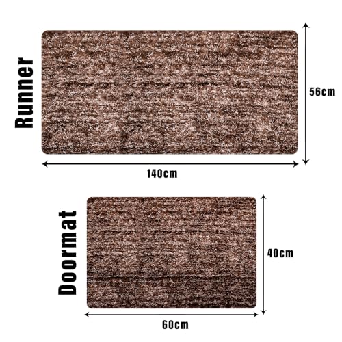 Image of Kuber Industries Runner & Door Mat Combo Set | Anti-Skid Lexus Home Decor Bedside Runner for Bedroom | Set of 2 | Brown
