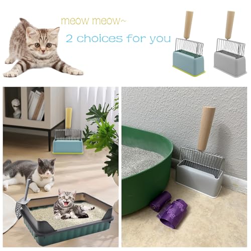 Image of Cat Scooper for Litter Box with Holder,Kitty Litter Scoop Metal Fast Sifting Kitten Poop Shovel Stainless Steel Heavy Duty Cat Pan Scooper with Wood Handle(Blue)