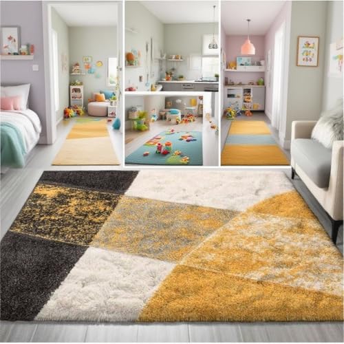 Image of Naze Carpet for Hallway, Kitchen, and Modern Interiors, Contemporary Color Block Area Rug - Cozy Shag Runner for Living Room, Entryway & Office Decor ETC Size 5x7 feet, Patten-Solid Yellow Mix