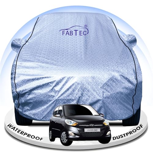 Image of FABTEC Metallic Silver Waterproof Car Body Cover for Hyundai I10 Old Sun, UV and Dust Protection with Mirror Pocket (Reflective Silver with Black Piping)