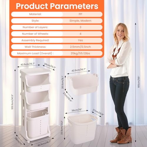 4-Tier Laundry Baskets on Wheels, Rolling Laundry Sorter Trolley Carts Plastic Washing Hamper White Storage Bin with Large Top Shelf Easy to Install Dirty Clothes Basket for Bathroom, Kitchen, Office - Image 7