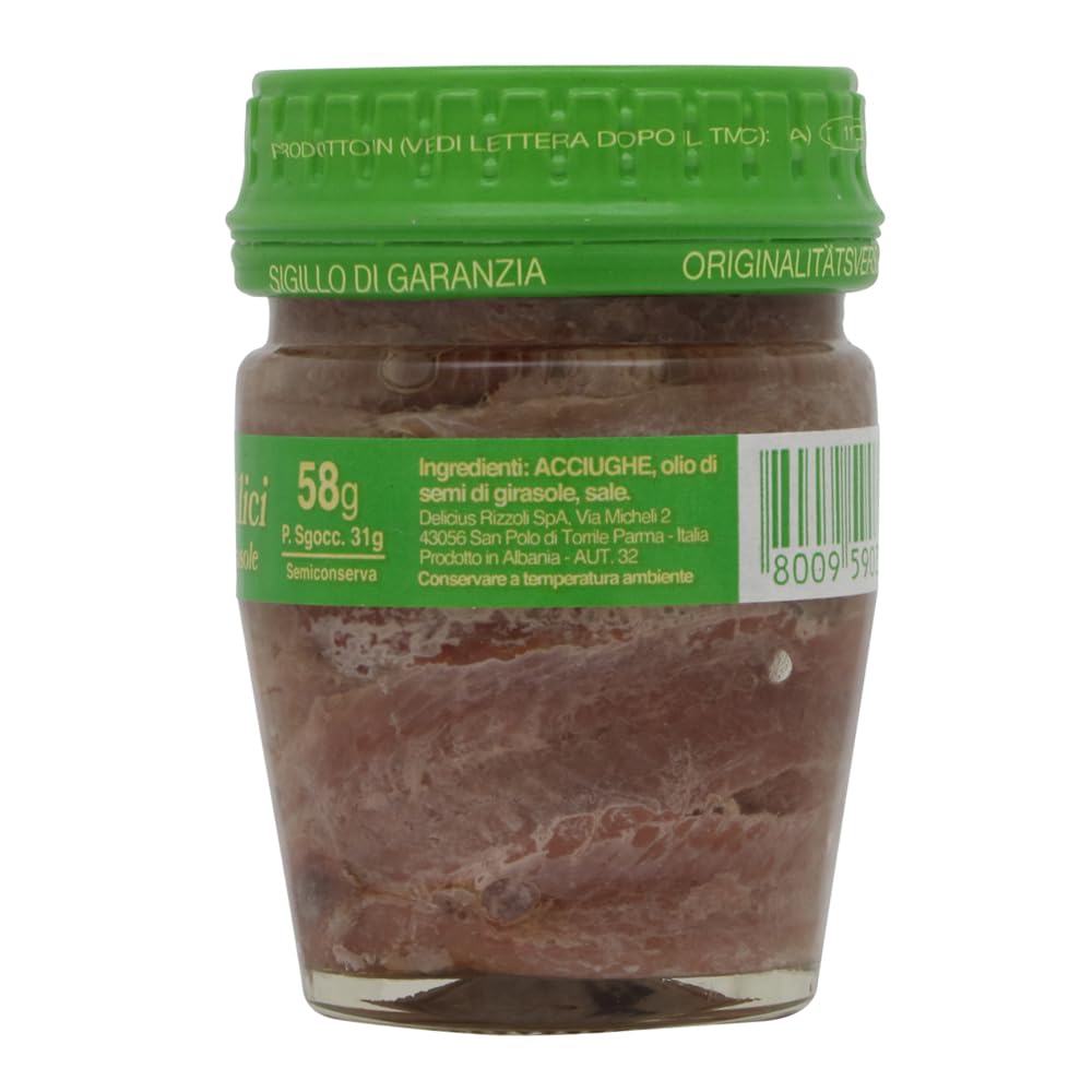 6x Delicius Filetti Di Alici In Olio Di Girasole,Sardellenfilets in Sonnenblumenöl,Hochwertiger Blauer Fisch,Glas 58g + Italian Gourmet Polpa di Pomodoro 400g Dose