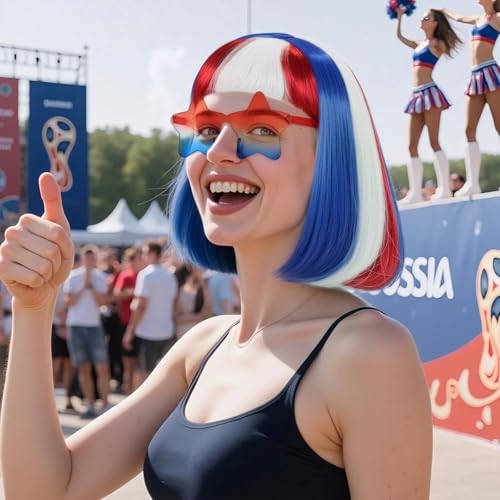 Image of ANOGOL Hair Cap+ (Sunglasses) Blue Red and White Bob Wig 4th of July Wig Synthetic Hair Short Patriotic Wigs for Independence Day Blue Red White Flag Wigs for Halloween Party Costume Outfit
