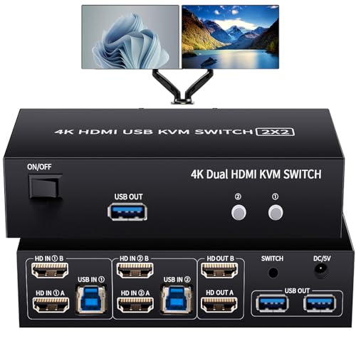 Commutateur KVM HDMI 2 ports et 3 USB 3.0 pour 2 ordinateurs et 2 moniteurs 4K 60Hz