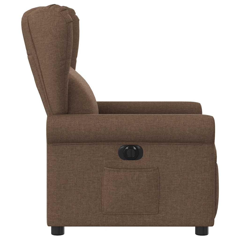 Sillón de relax eléctrico de tela marrón con función reclinable y respaldo ajustable, acolchado con reposabrazos, sillón ergonómico de madera y metal para salón, rincón de lectura, oficina
