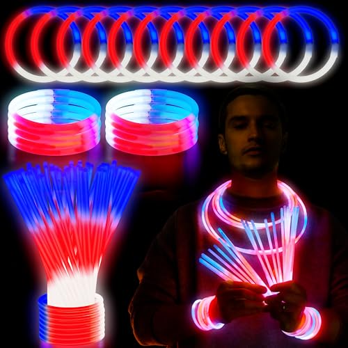 JOYIN 72 Pcs July 4th Glow Sticks Bulk with Connectors, Red White Blue 3 Colors In 1 Glow in The Dark Stick, Light Up Bracelets & Necklaces for Kids & Adults, Party Favor Supplies For Independence Day - image 1