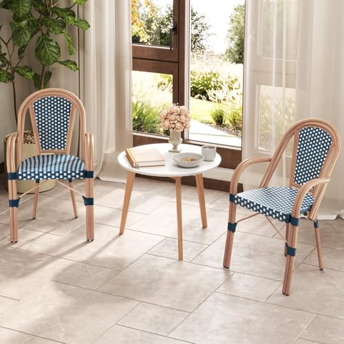 Tangkula Outdoor French Bistro Chairs Set of 2, Hand-Woven PE Wicker Patio Chairs with Armrests, Outdoor Dining Armchairs with Galvanized Metal Frame for Porch, Garden (1,Blue)