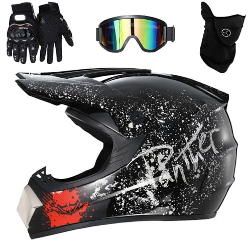 9 a 14 años Unisexo Integral MTB Casco de Motocross, con Gafas Mascarilla Guantes, Cascos para ATV, BMX, Descenso, Bicicleta de MontañA, Cuatriciclo, Aprobado por el Dot(Black Floral,L(56-57cm))