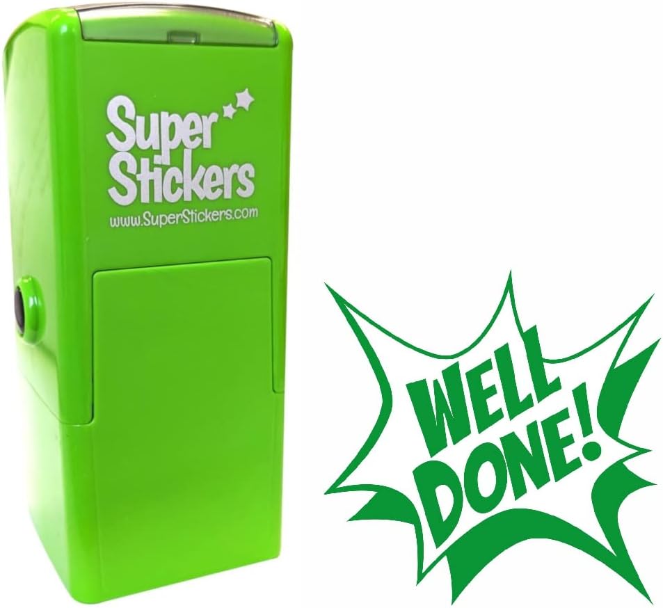 Teacher Stamp, Education Marking Stamp, Reward Stamps for School - Well Done POP Design, Impression Size Approx. 23x23 mm, Green Ink