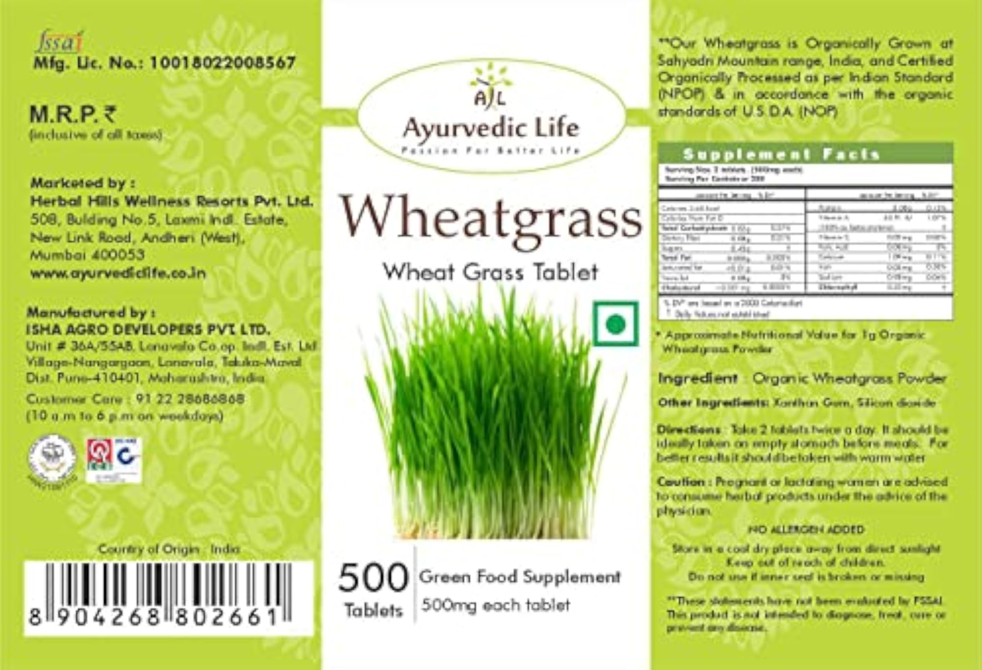 Ayurvedic Life Wheatgrass Tablets, 500 Tablets (Pack of 5)