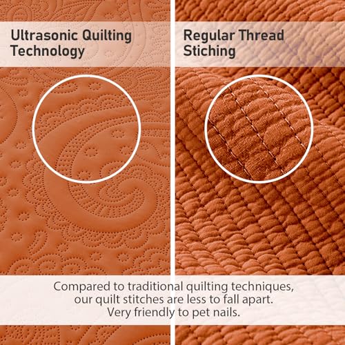 Image of Qucover Alaska King Bedspread 132x 120, Burnt Orange Oversized King Bedspread, 3 Piece Soft Microfiber Lightweight Oversized King Quilts Extra Width, Quilting Paisley Pattern, Orange