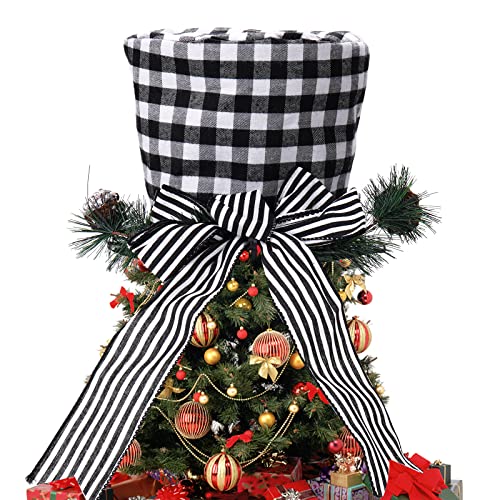 Christmas Tree Topper Hat With Bow Ribbon,Black And White Stripes Xmas Toppers Hats For Home Decorations Holiday Party,Wokeise #TOP5