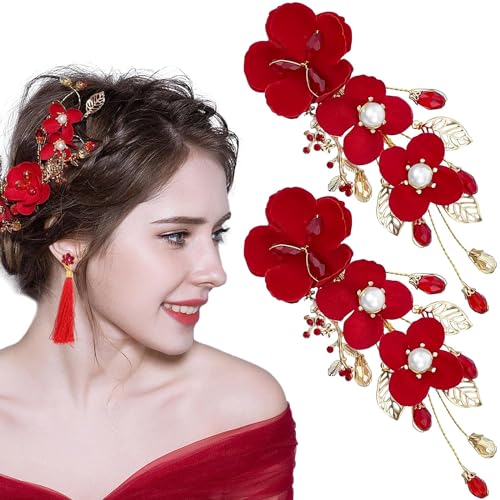 Lot de 2 pinces à cheveux en forme de fleur rouge - Épingles à cheveux avec perles de cristal - Accessoires de mariage pour femmes et filles - Pour...