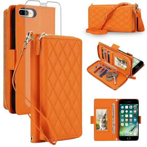 Compatible with iPhone 6plus 6splus 7plus 8plus i 6/6s/7/8 Plus Wallet Case Zipper RFID Blocking Screen Protector Crossbody Lanyard Strap iPhone6splus i 6+ i6 6s+ Phone Cover for Women Men Orange