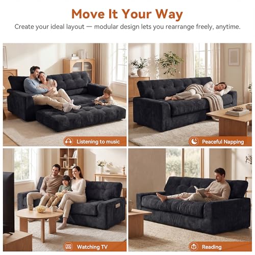 Image of MONVANE 75.6 inch Convertible 3 Seater Sofa, 2-in-1 Boneless Sleeper Sofa Bed with Storage Pocket, Comfy Chenille Deep Seat Boneless Couch for Living Room, No Assembly Required, Black