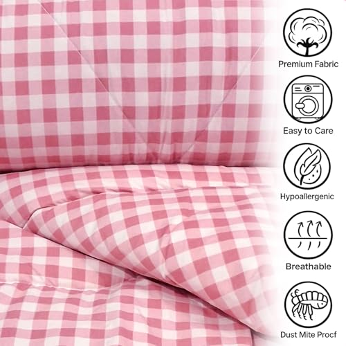 Image of MORADO Glace Cotton AC Comforter /Blanket /Quilt for Double Bed | Ultra Soft & Lightweight | All Season Reversible Comforter | Cozy Bedding for Home & Hotel | Size 90x100 Inches,White Pink Check,Double