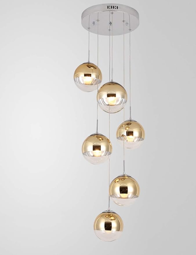 Mzhch lamp 6 Glas Bubble Bal Hoge Plafond Hanglamp Creatieve Slaapkamer Trap Kroonluchter Moderne Holle Woonkamer Loft Kroonluchter Villa Minimalistische Trap Lange Kroonluchter 30x150cm (Kleur: Goud) photo 3