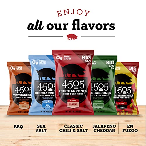 4505 Meats Classic Chili & Salt Pork Rinds, Gluten Free Chicharrones, Keto Certified, Family Size Bag, 14 Servings, 7 Ounces #TOP5