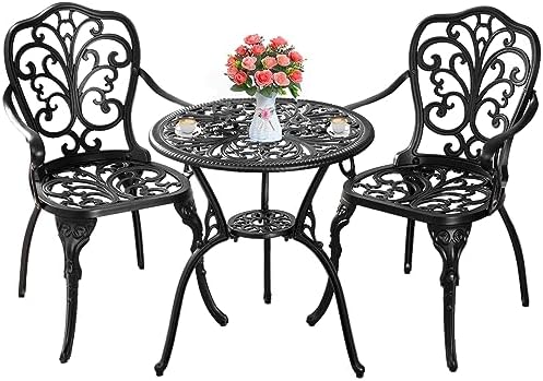Withniture 3 Piece Patio Bistro Set Cast Aluminum Bistro Table and Chairs Set of 2 with Umbrella Hole,All Weather Metal Bistro Table Set,Outdoor Patio Furniture Set for Garden(Butterfly Black)