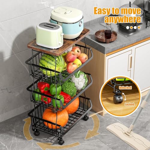Image of ABJA 4 Tier Vegetable Stand, Onion Potato Rack, Kitchen Trolley with Wheels, Metal & Wood Stand for Kitchen Storage Rack, Stackable Baskets (Black, Rustic Brown Top)