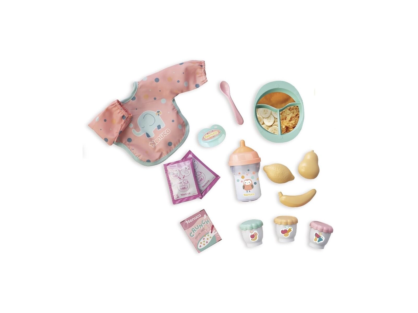 Nenuco - Set de Petits Plats avec Accessoires pour Une Alimentation Saine, Comprend Un Bavoir Complet, Un biberon, des Fruits, Une Assiette avec cuillère, des Petits Pots, Famosa (NFNB9000)