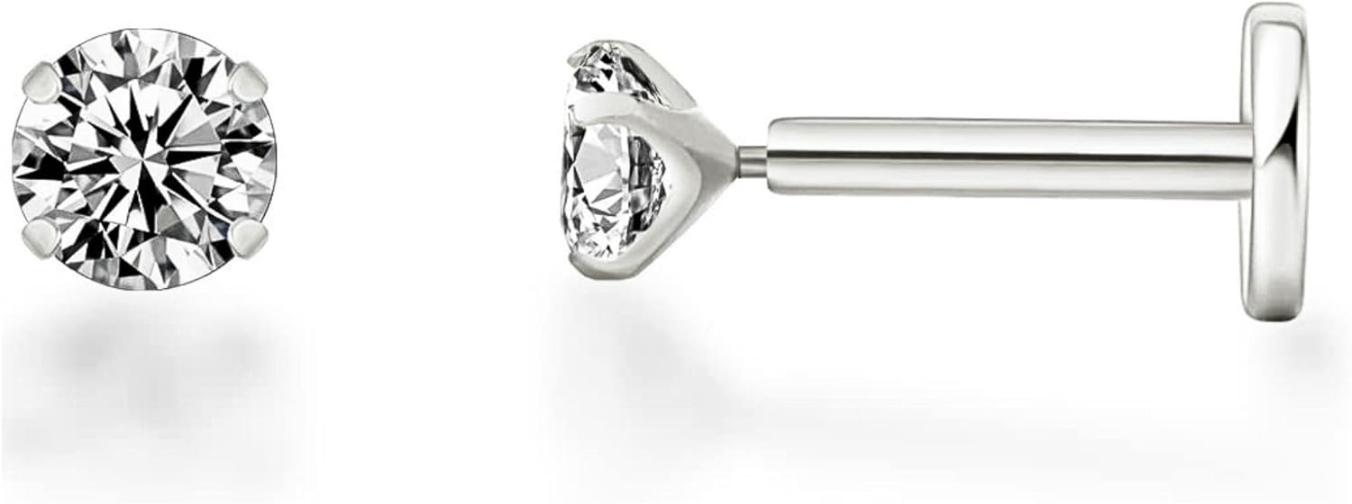 Solitaire Flat Back Stud Earrings by Ginger Lyne for Cartilage Helix Tragus – 4K Yellow or White Gold over Sterling Silver Body Jewelry with 5A CZ – 3mm or 5mm Stones – 6mm or 8mm Post