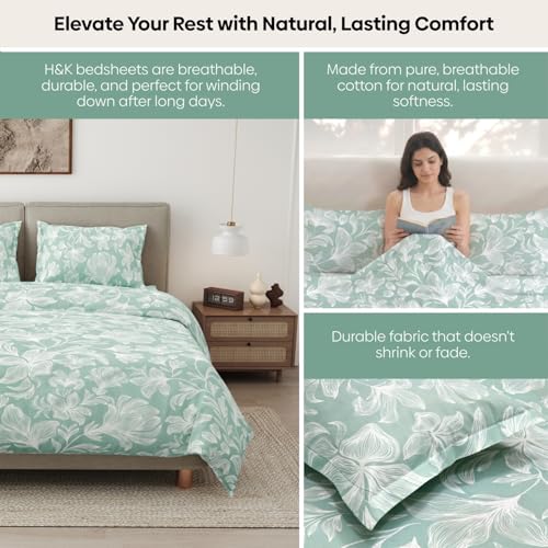 Image of Haus & Kinder Elastic Fitted Double Bed Bedsheet | 100% Combed Cotton 186 TC Bedsheets for Queen Size Bed | 60 X 78 X 10 Inches Elastic Bed Sheet with 2 Pillow Covers - Garden of Memories